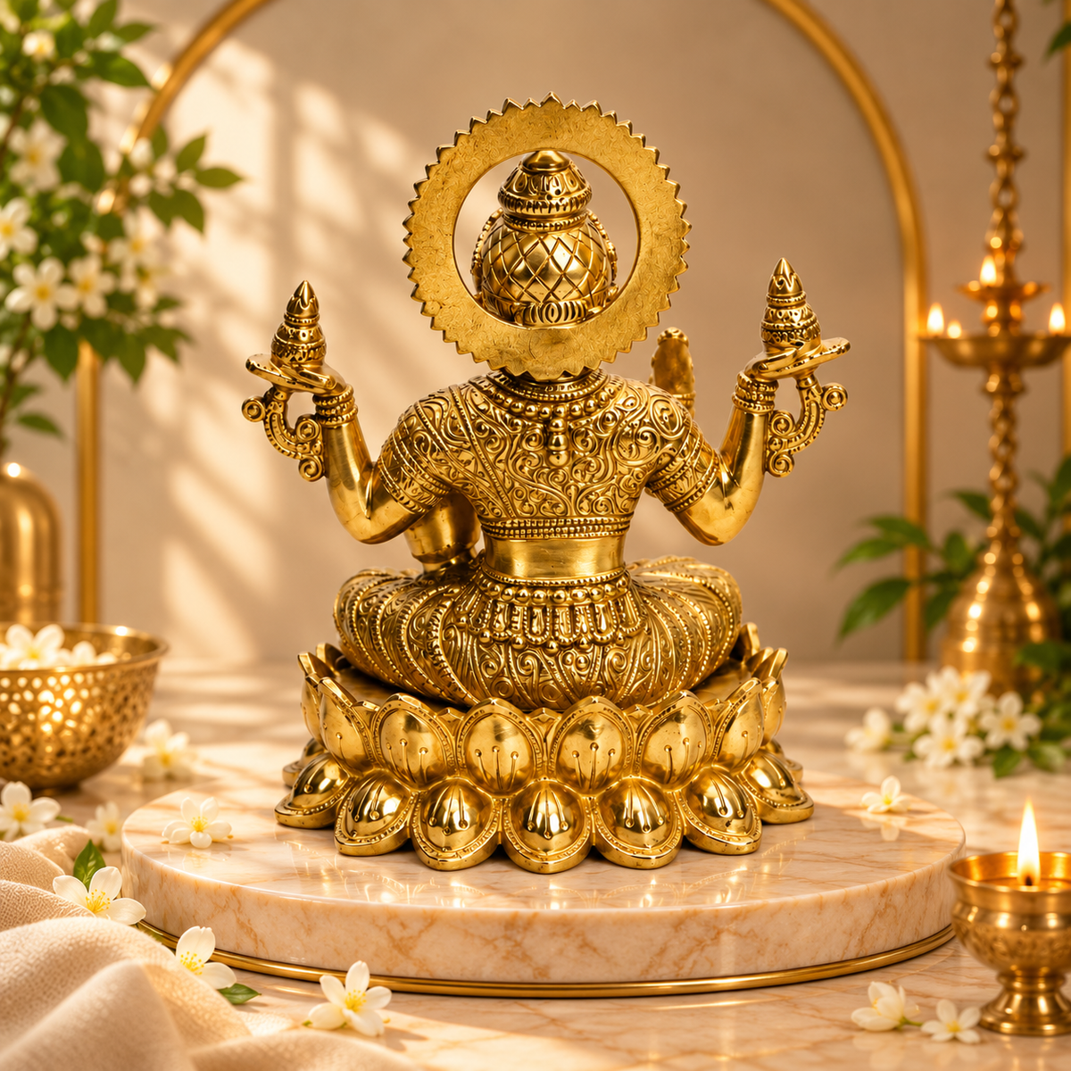 Goddess Lakshmi Seated on Lotus with Wealth Pot Idol | Antique Golden Brass Finish