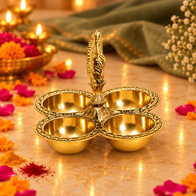 Peacock Four Bowl Decorative Serving & Puja Set | Golden Brass Finish