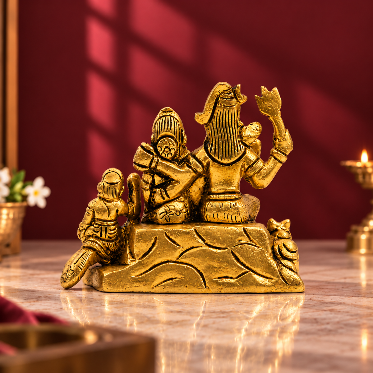 Shiv Parivar Idol with Ganesha, Kartikeya & Nandi | Antique Brass Finish