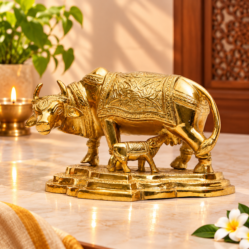 Ornate Gau Mata with Calf Idol | Polished Golden Brass Finish