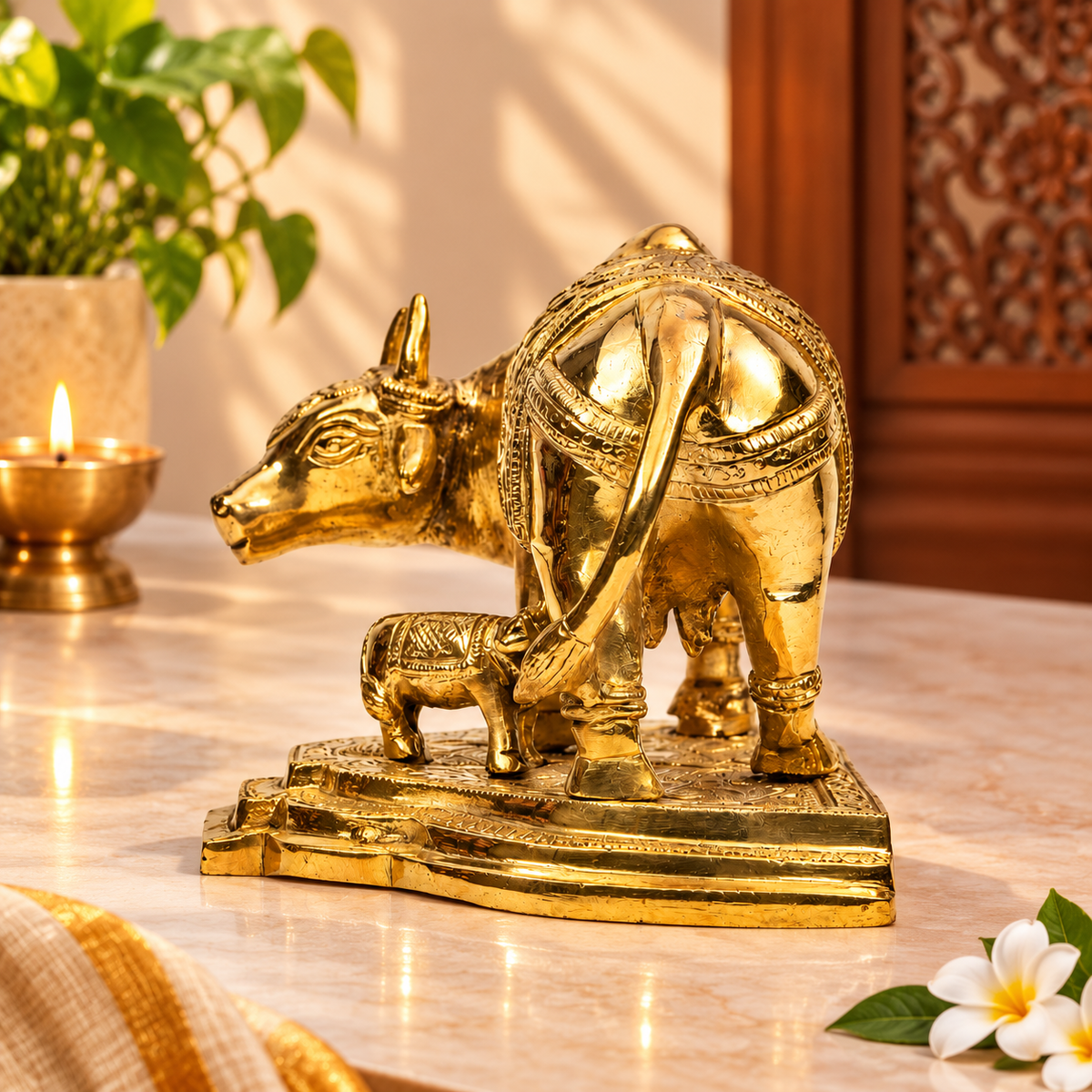 Ornate Gau Mata with Calf Idol | Polished Golden Brass Finish