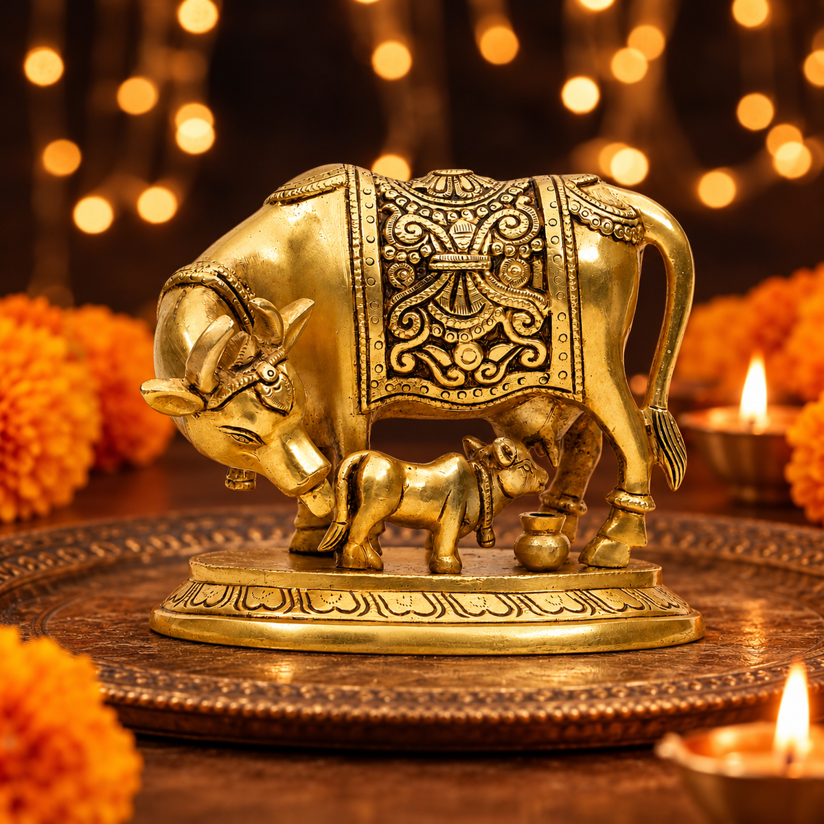 Ornate Gau Mata with Calf & Kalash Idol | Antique Golden Brass Finish