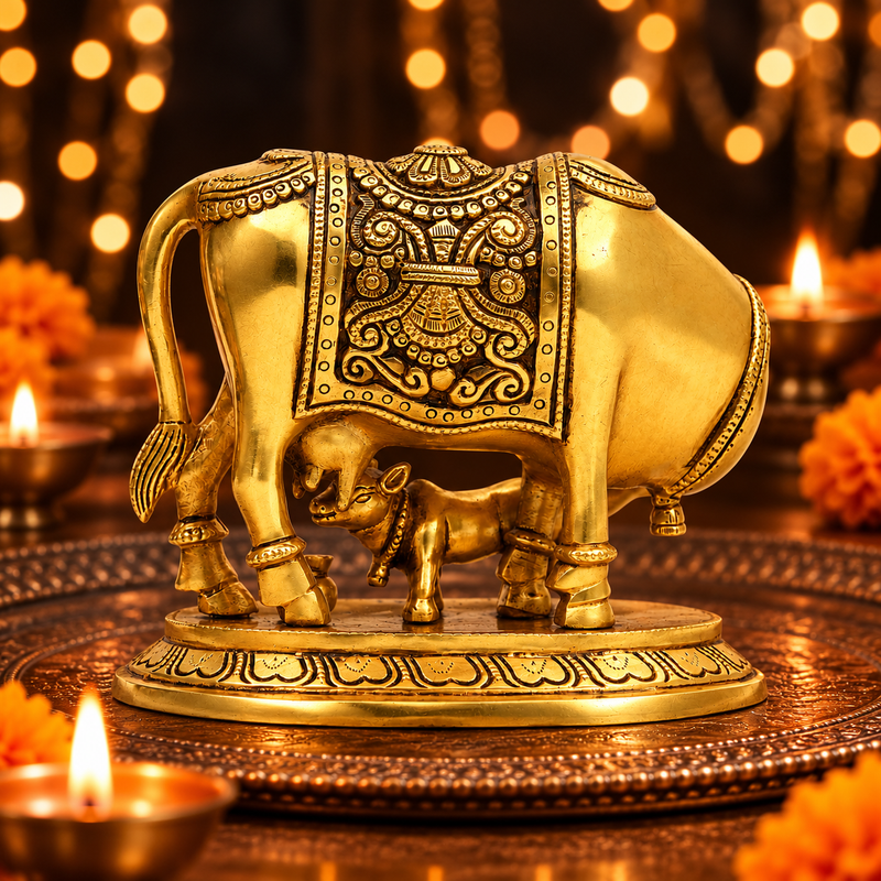 Ornate Gau Mata with Calf & Kalash Idol | Antique Golden Brass Finish