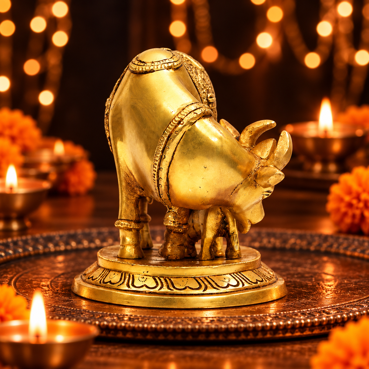 Ornate Gau Mata with Calf & Kalash Idol | Antique Golden Brass Finish