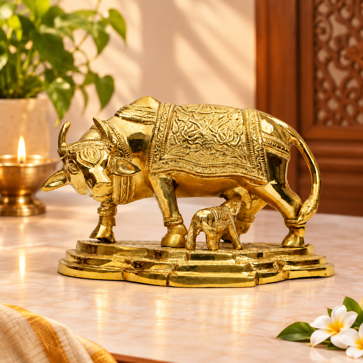 Ornate Gau Mata with Calf Idol | Polished Golden Brass Finish