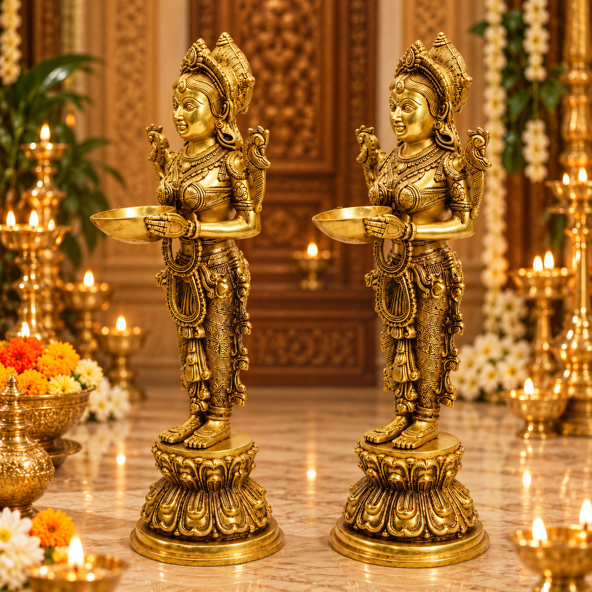Deepa Lakshmi Standing Diya Holder Idol Set of 2 | Antique Golden Brass Finish