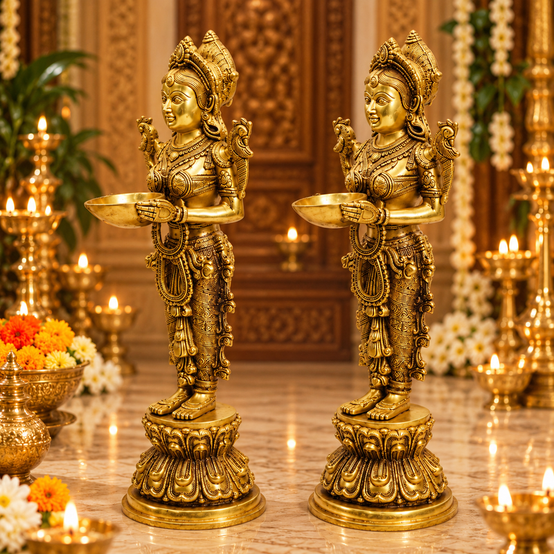 Deepa Lakshmi Standing Diya Holder Idol Set of 2 | Antique Golden Brass Finish