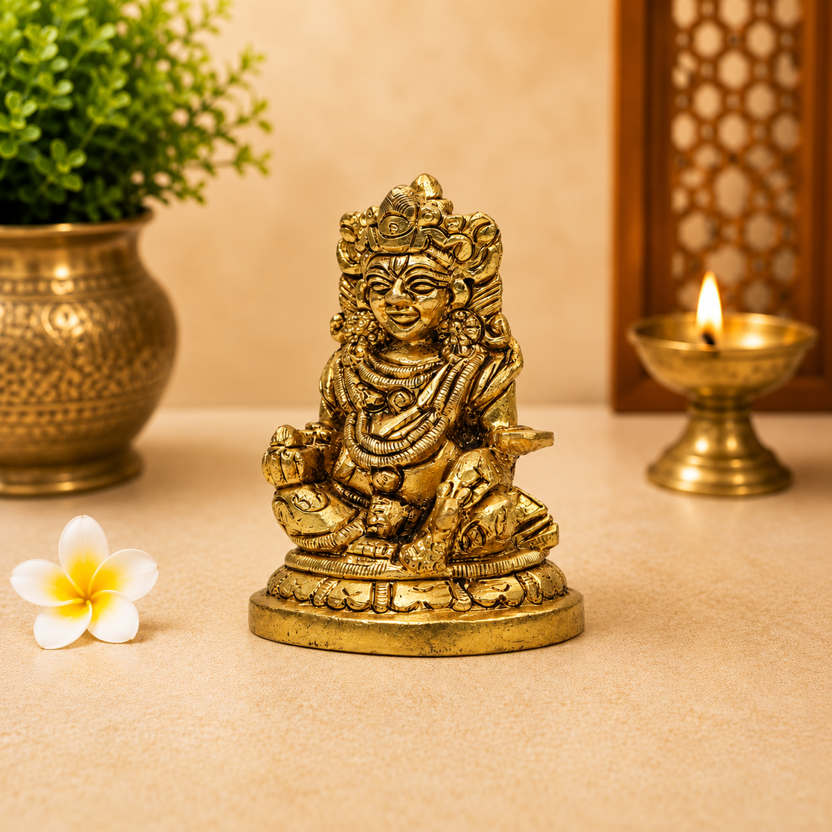 Lord Krishna Seated Idol | Antique Golden Brass Finish