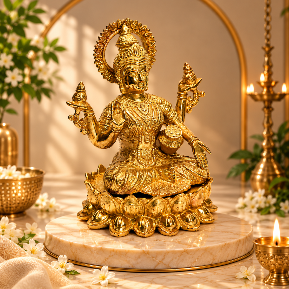 Goddess Lakshmi Seated on Lotus with Wealth Pot Idol | Antique Golden Brass Finish