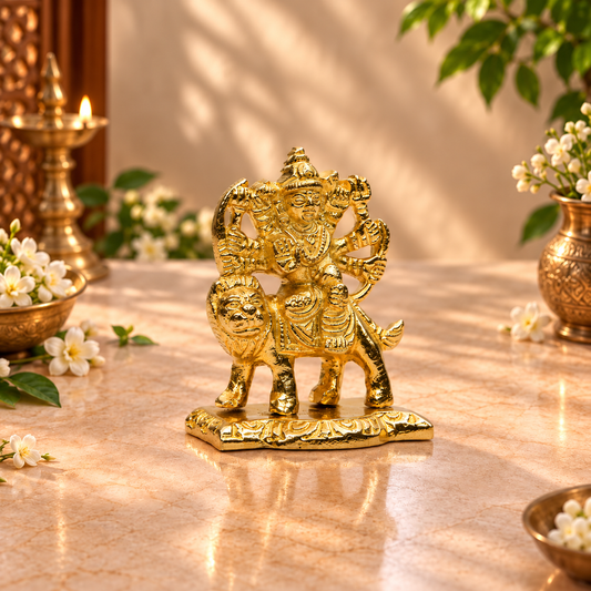 Goddess Durga with Lion Statue | Traditional Antique Gold-Finish Idol
