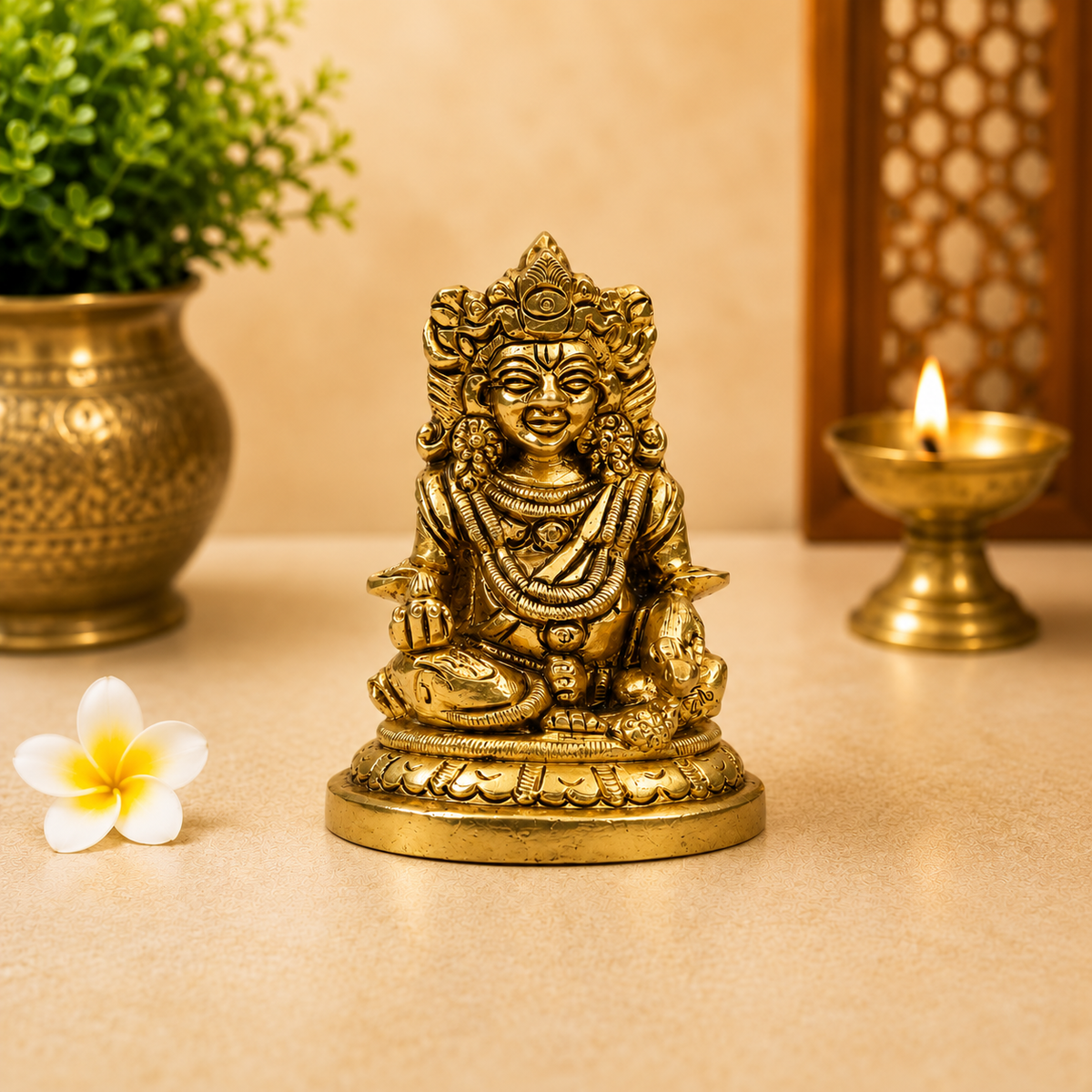 Lord Krishna Seated Idol | Antique Golden Brass Finish