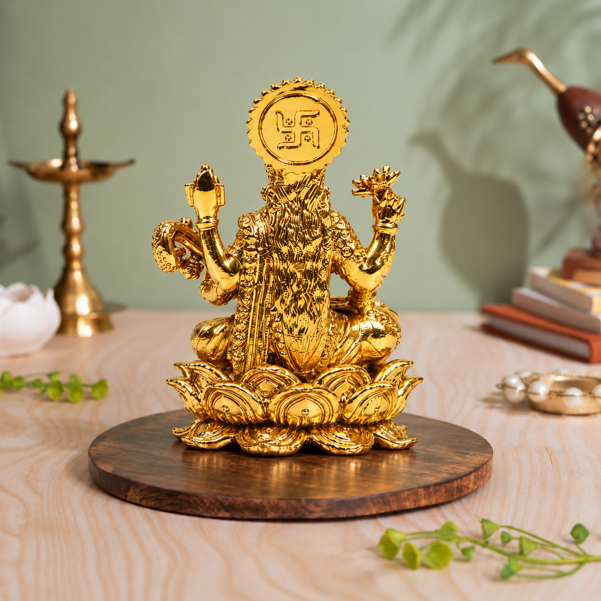 Goddess Saraswati Playing Veena on Lotus Idol | Antique Brass Finish