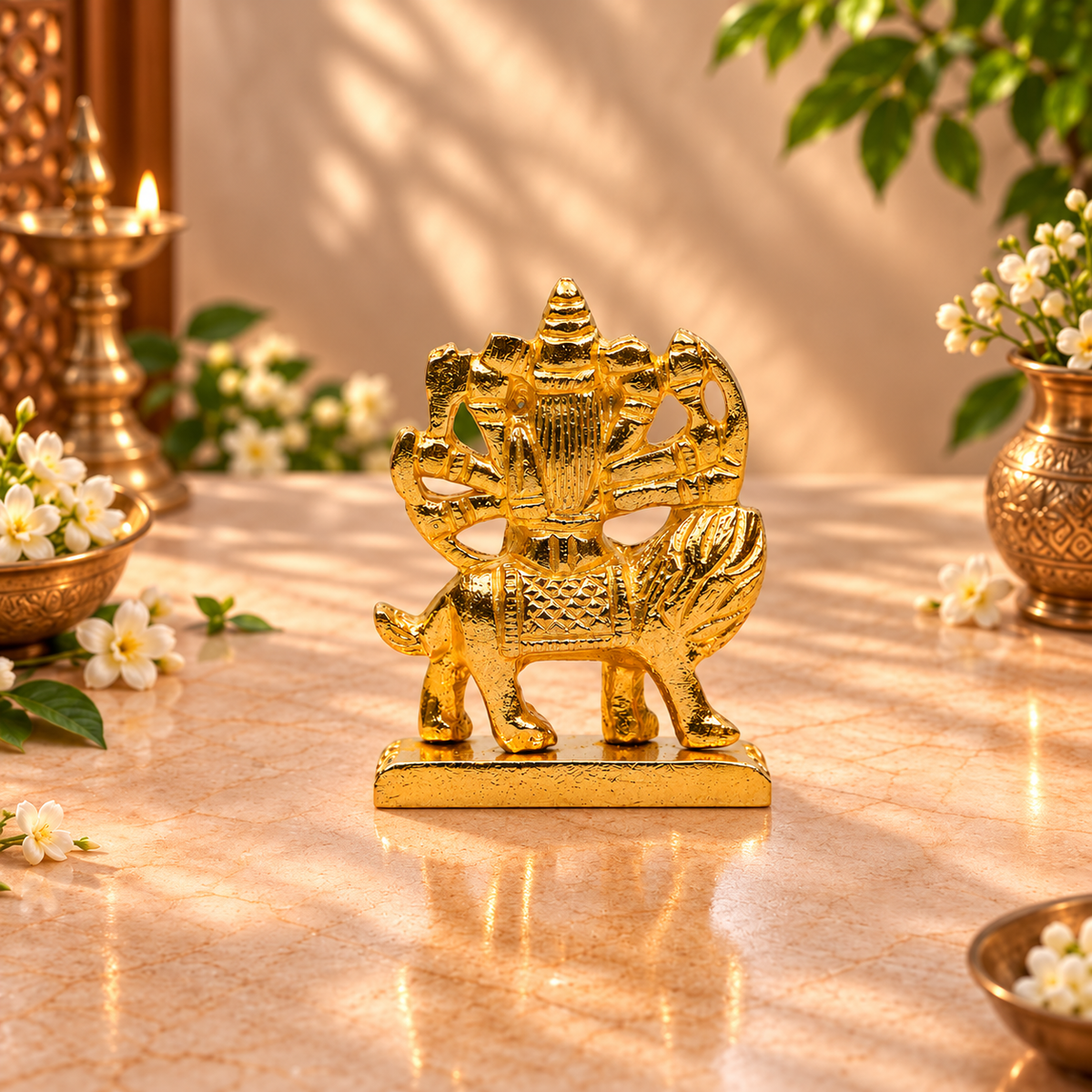 Goddess Durga with Lion Statue | Traditional Antique Gold-Finish Idol