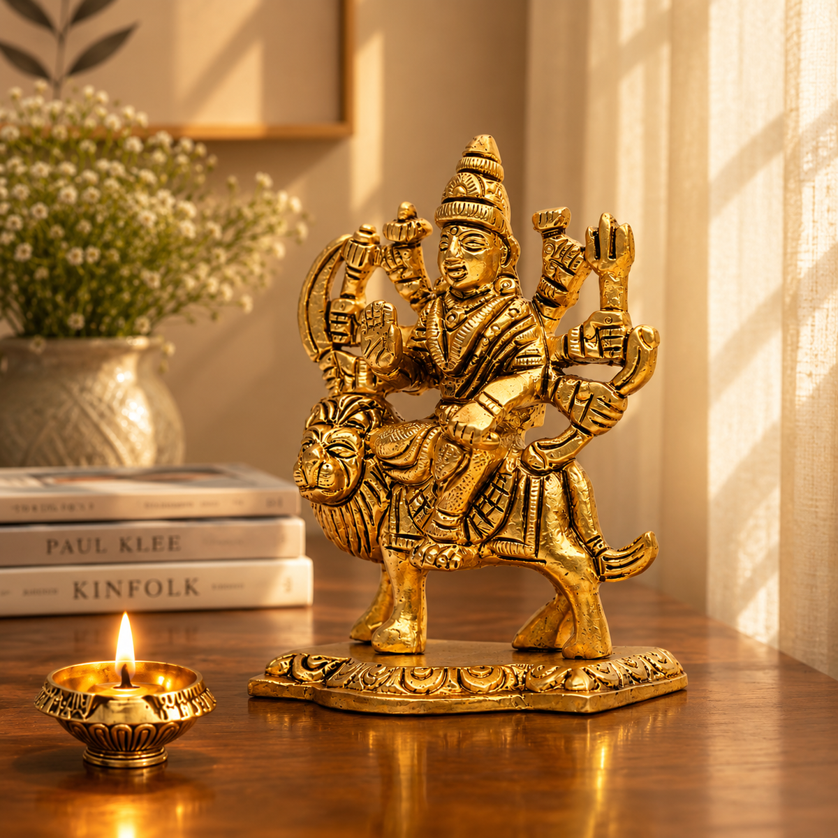 Goddess Durga Riding Lion Idol | Antique Golden Brass Finish