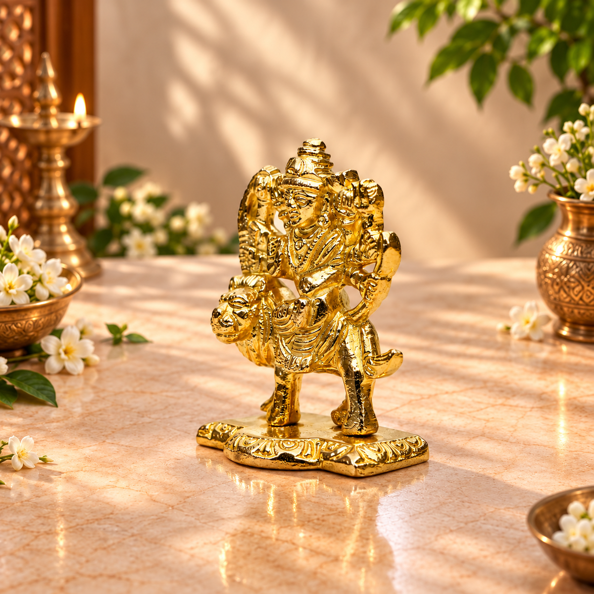 Goddess Durga with Lion Statue | Traditional Antique Gold-Finish Idol