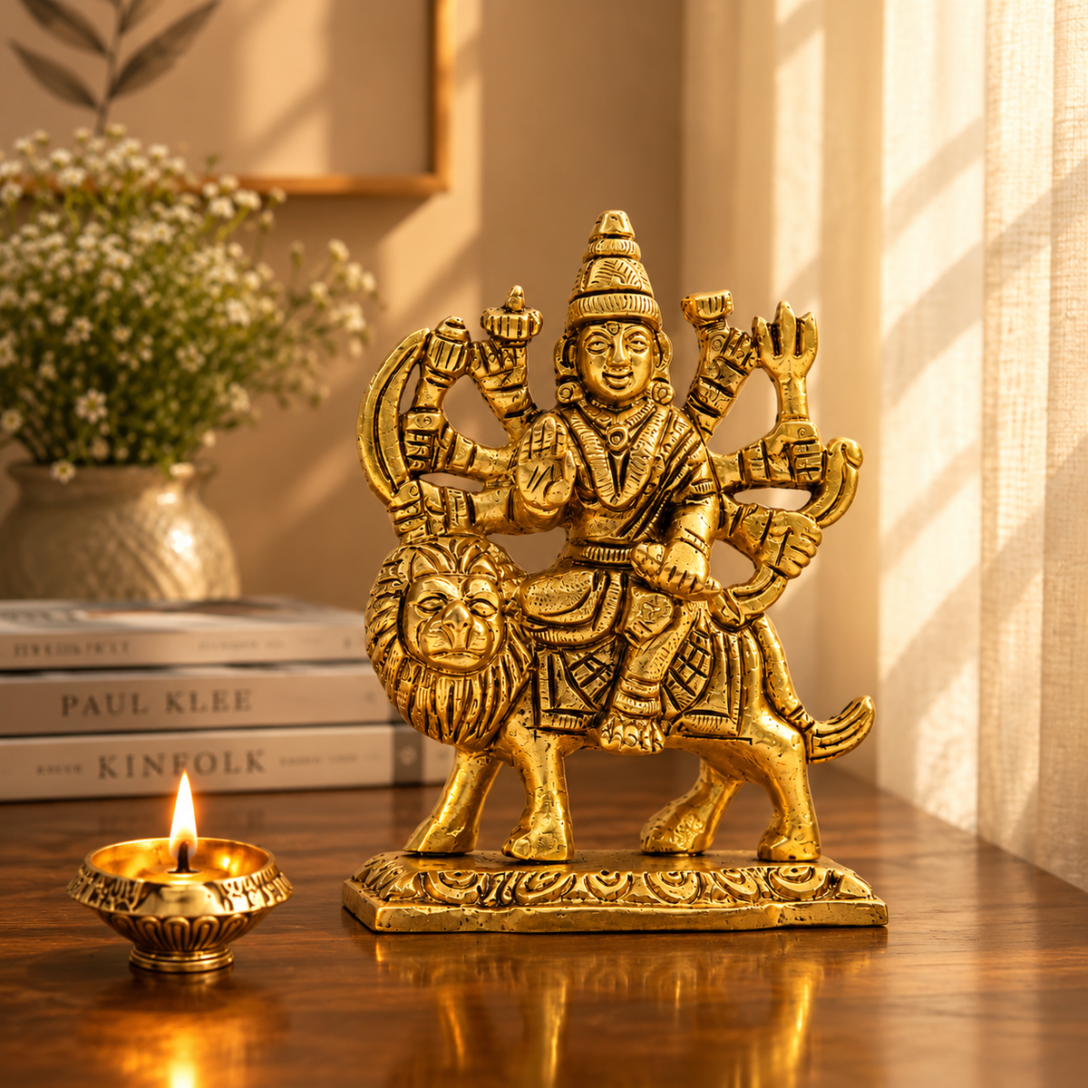 Goddess Durga Riding Lion Idol | Antique Golden Brass Finish