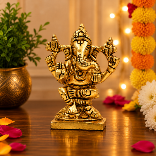 Multi-Armed Lord Ganesha Idol | Antique Golden Brass Finish