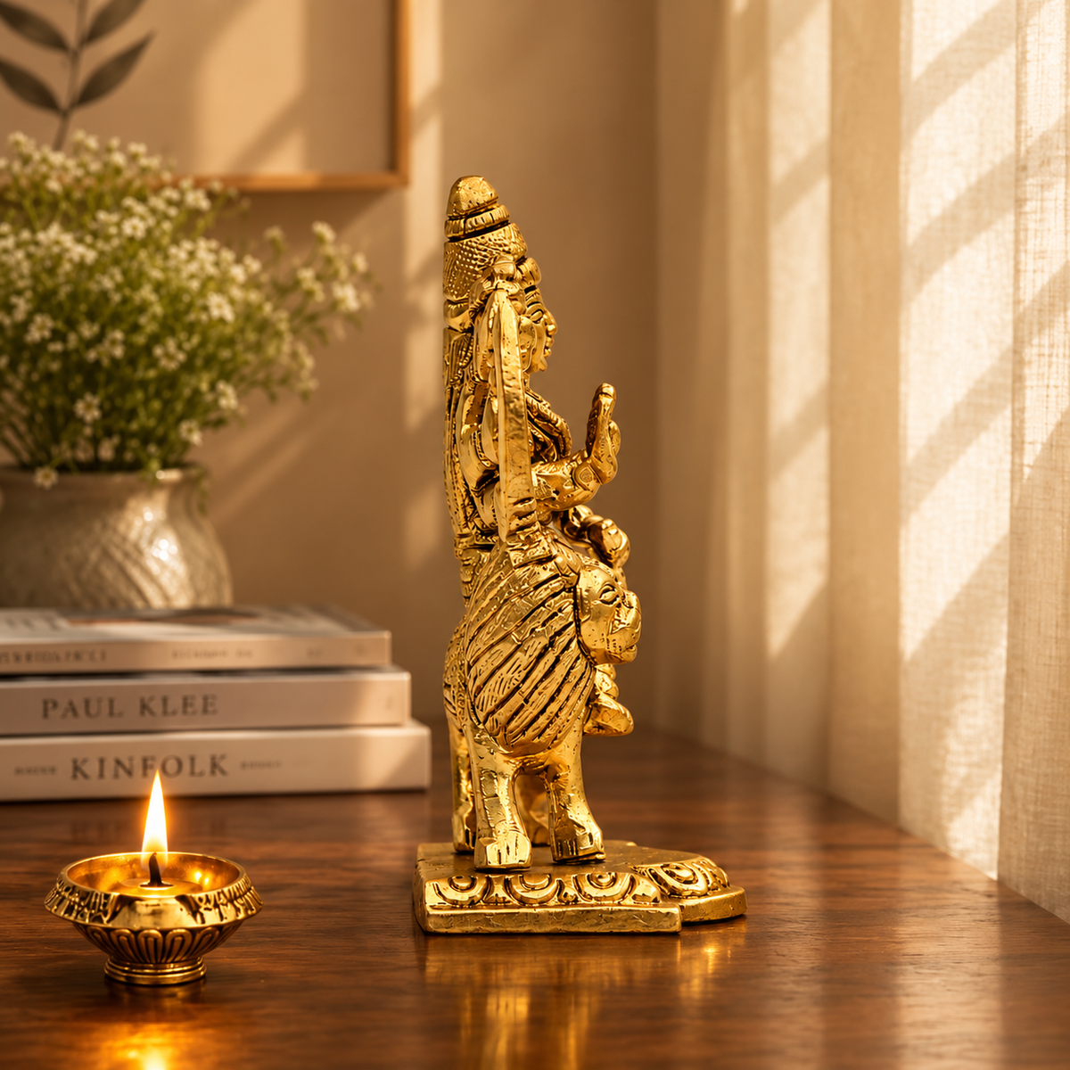Goddess Durga Riding Lion Idol | Antique Golden Brass Finish