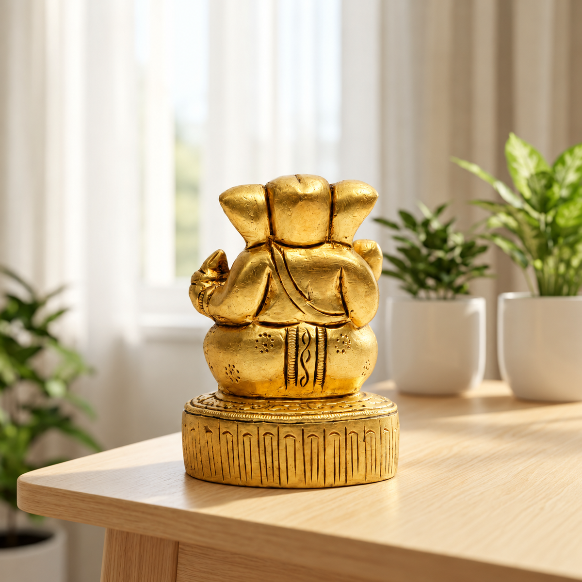 Antique Golden Lord Ganesha Idol on Decorative Base | Traditional Spiritual Décor