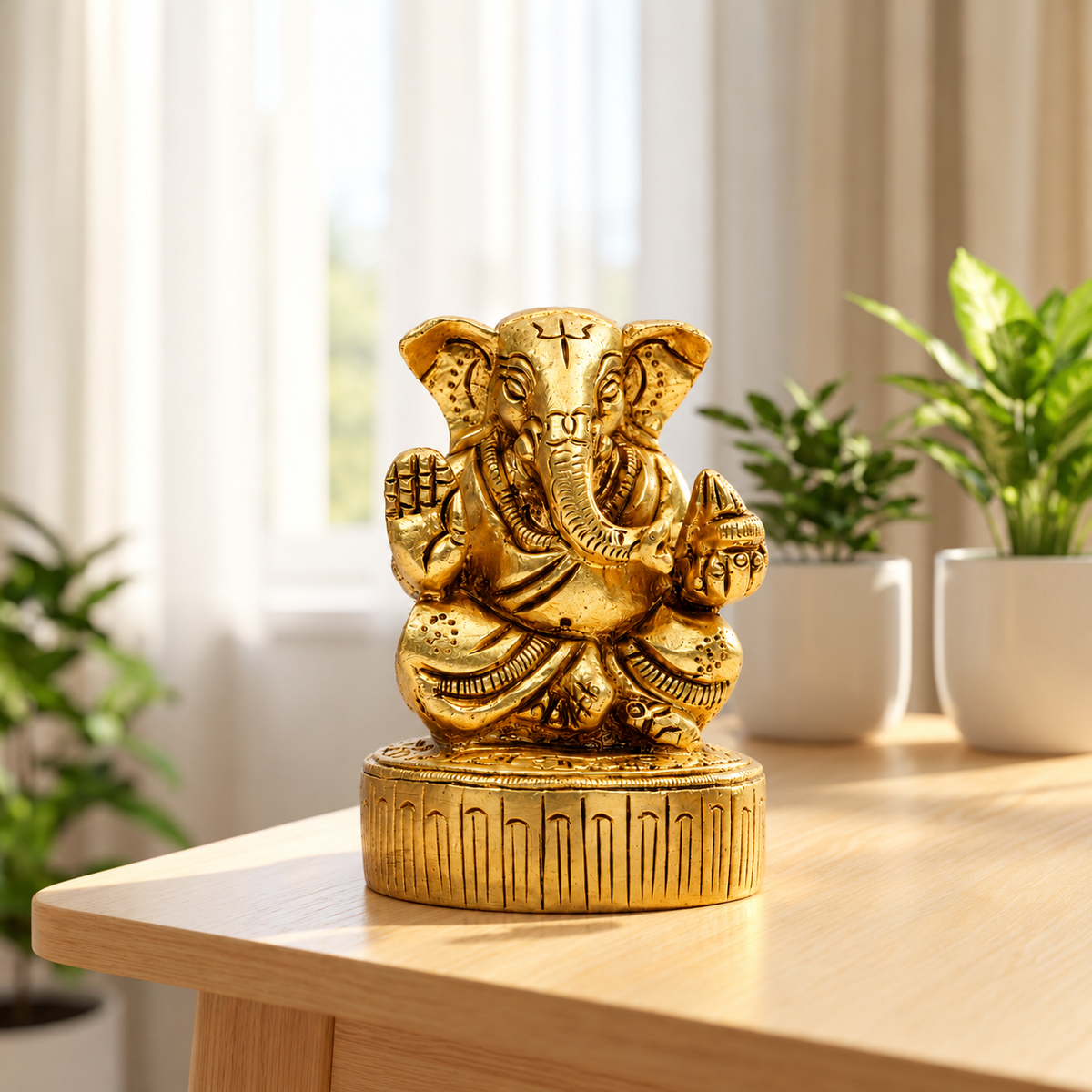 Antique Golden Lord Ganesha Idol on Decorative Base | Traditional Spiritual Décor