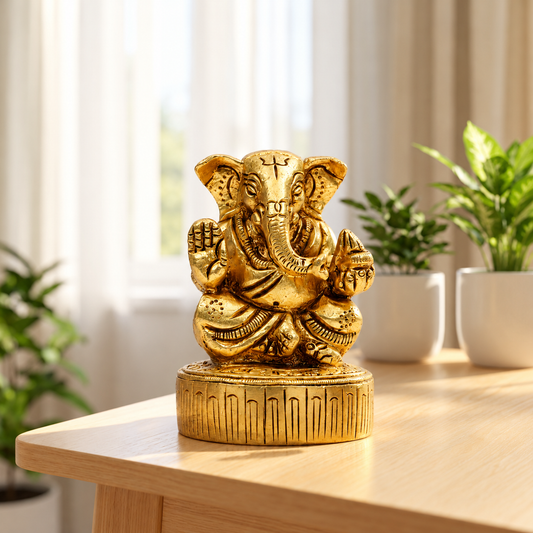 Antique Golden Lord Ganesha Idol on Decorative Base | Traditional Spiritual Décor