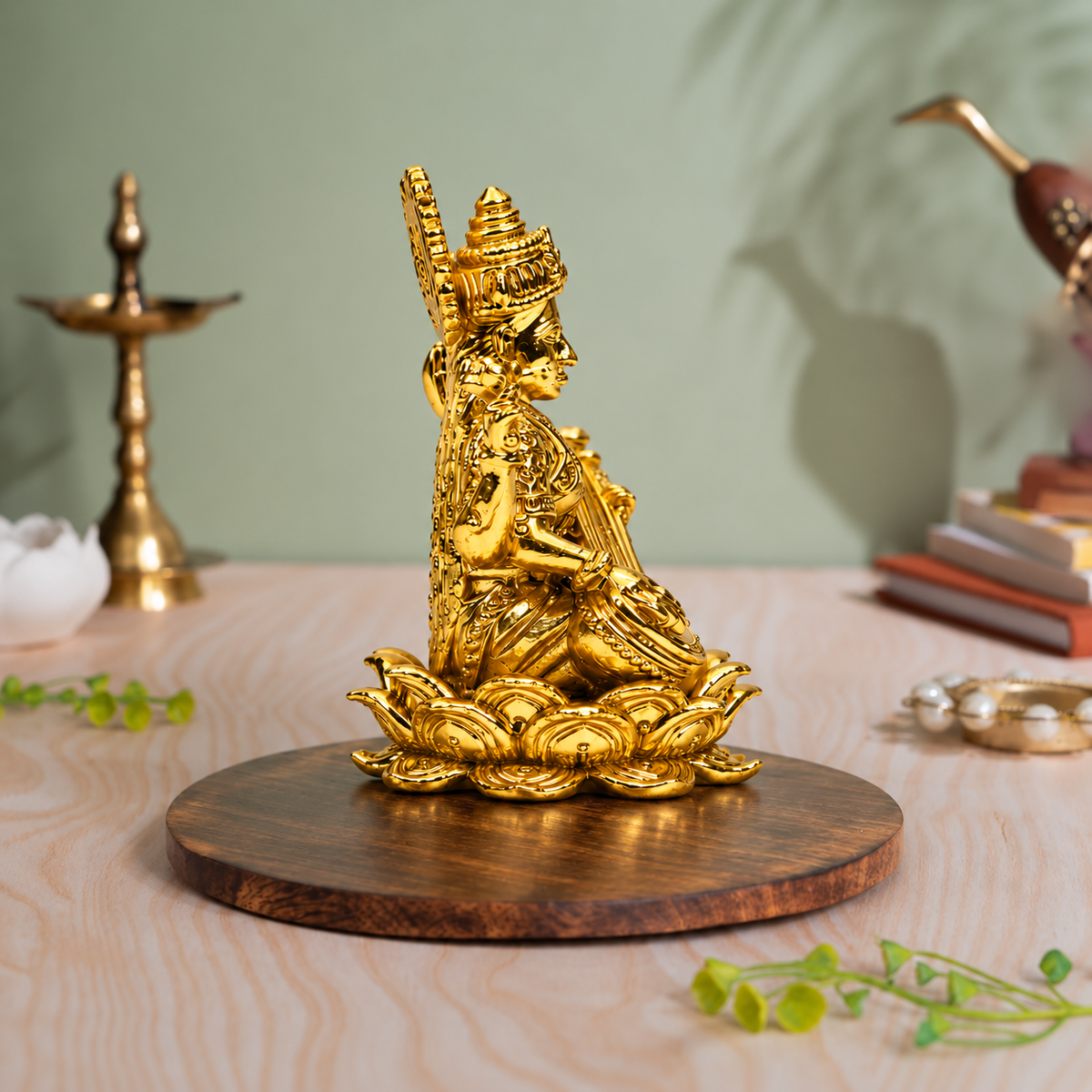 Goddess Saraswati Playing Veena on Lotus Idol | Antique Brass Finish