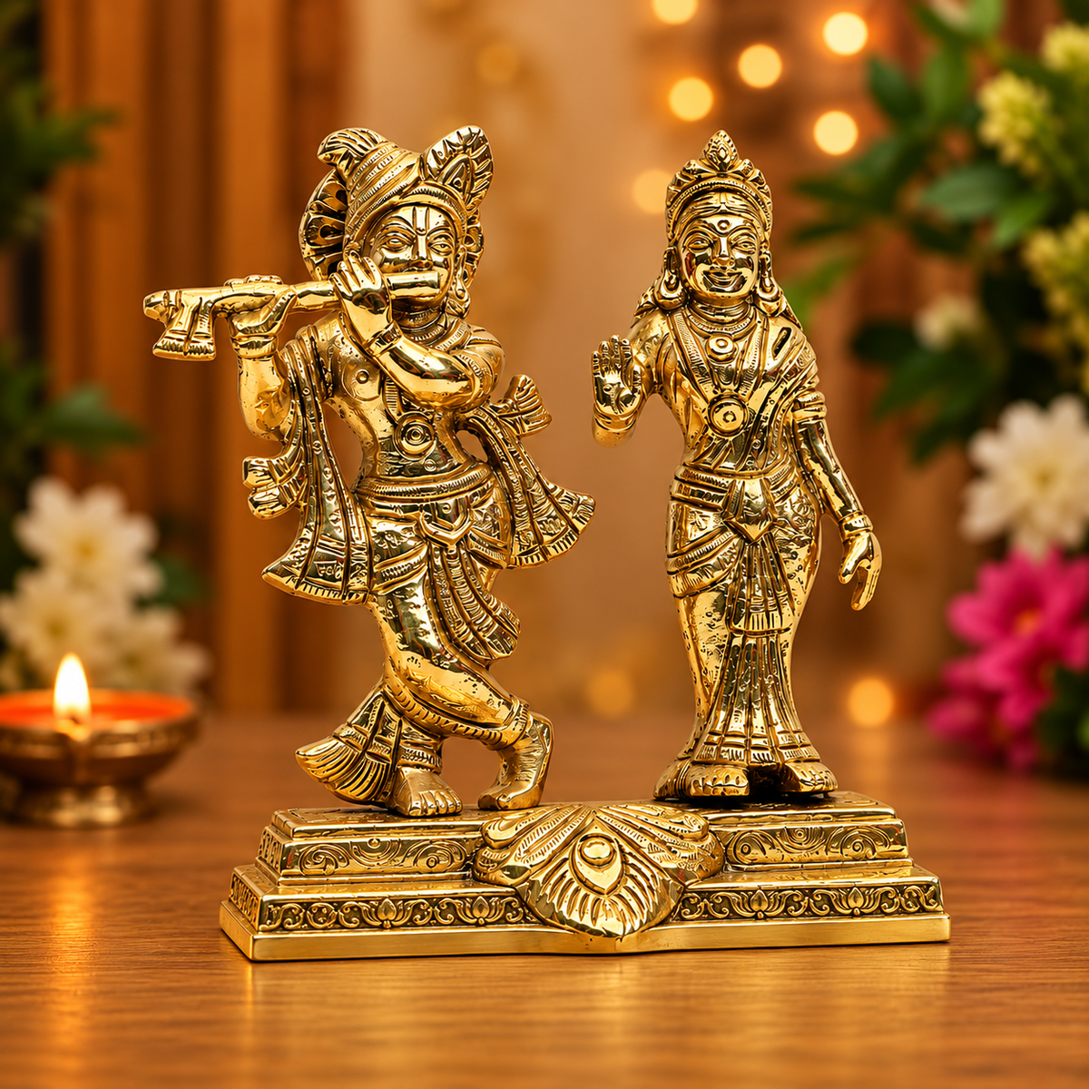 Radha Krishna Standing with Flute Idol | Antique Golden Brass Finish