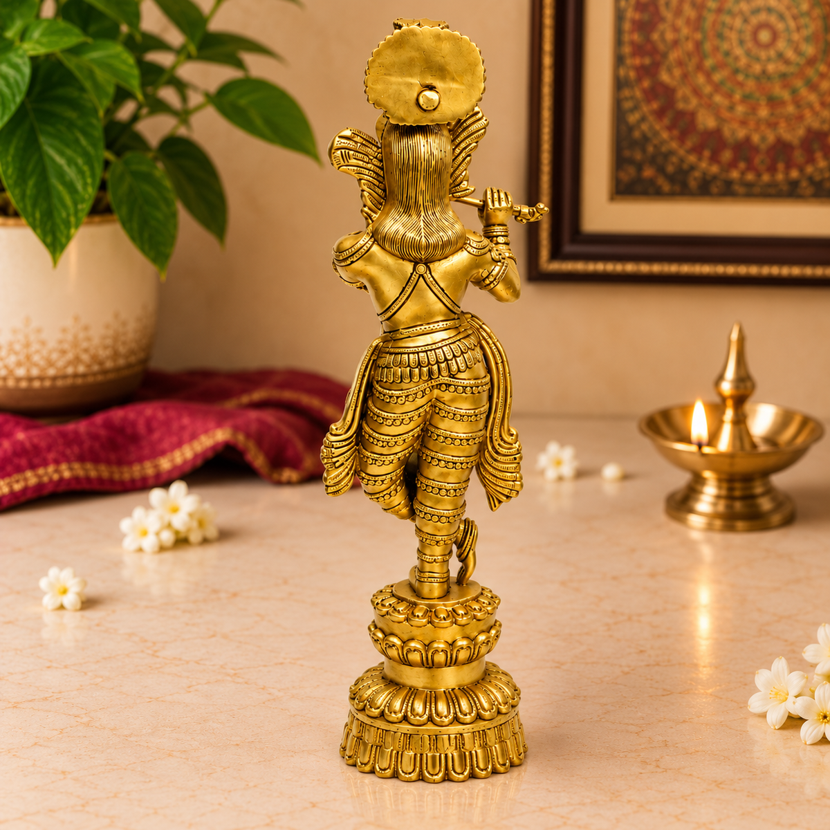 Lord Krishna Playing Flute Standing Idol | Antique Golden Brass Finish