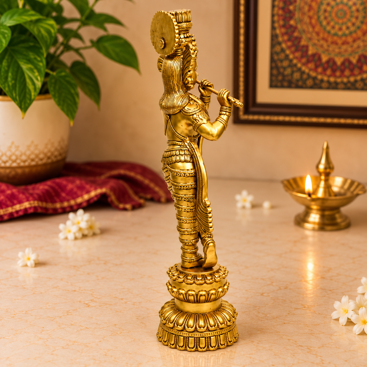 Lord Krishna Playing Flute Standing Idol | Antique Golden Brass Finish