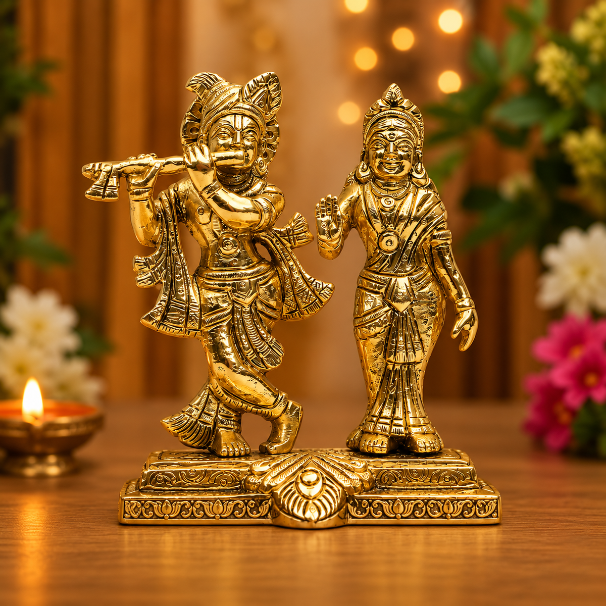 Radha Krishna Standing with Flute Idol | Antique Golden Brass Finish