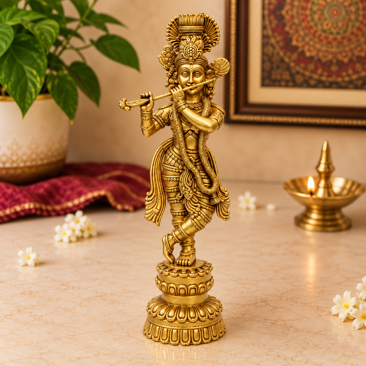 Lord Krishna Playing Flute Standing Idol | Antique Golden Brass Finish