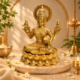 Goddess Lakshmi Seated on Lotus with Wealth Pot Idol | Antique Golden Brass Finish