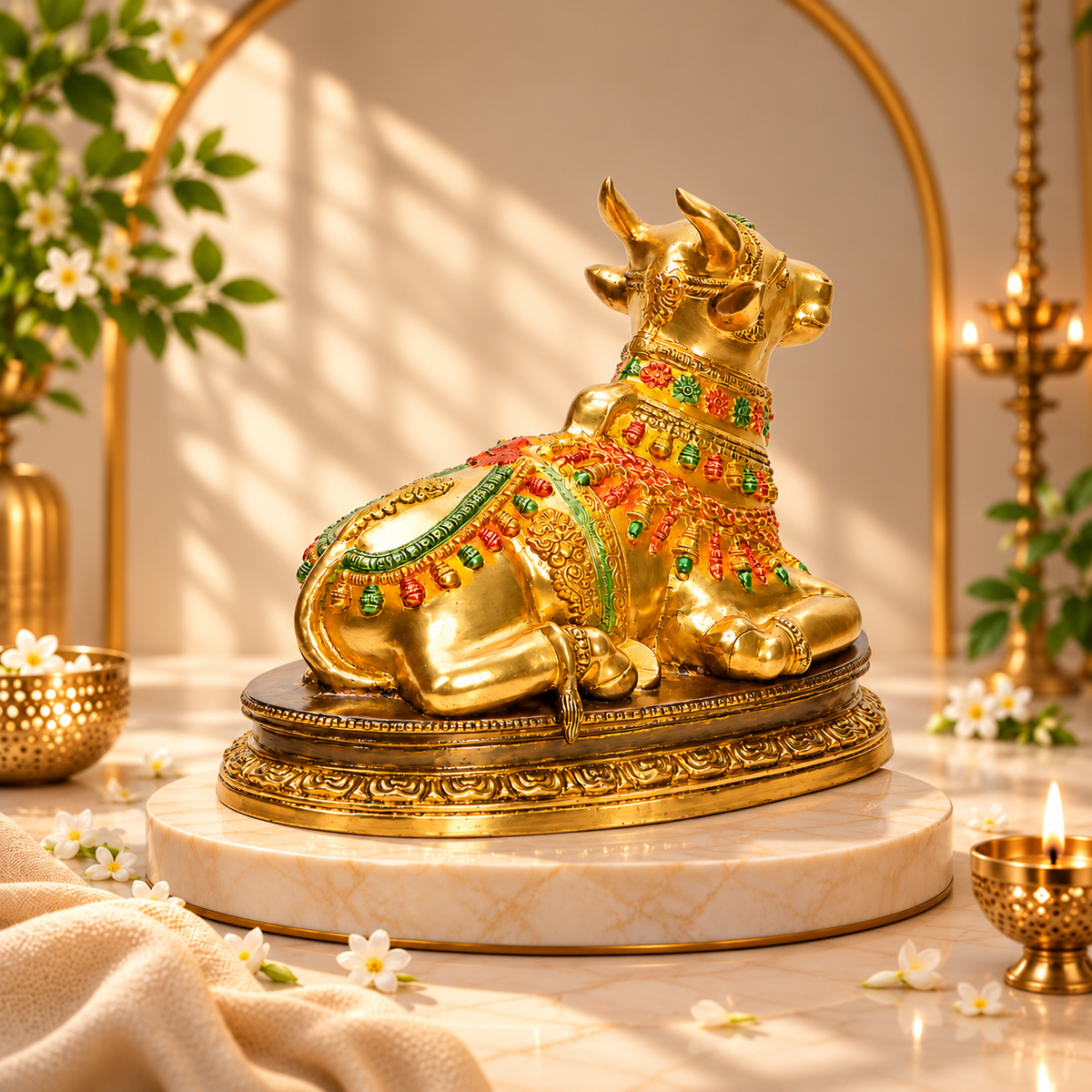 Decorative Nandi Bull Idol | Golden Brass Finish with Multicolour Detailing