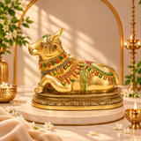 Decorative Nandi Bull Idol | Golden Brass Finish with Multicolour Detailing