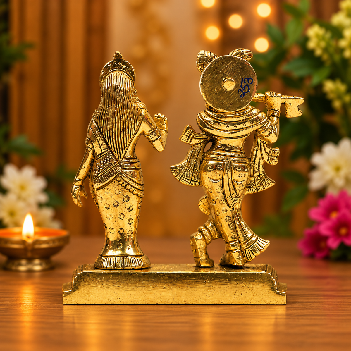 Radha Krishna Standing with Flute Idol | Antique Golden Brass Finish