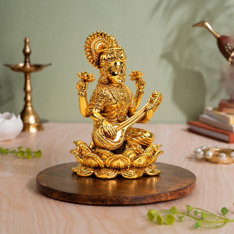 Goddess Saraswati Playing Veena on Lotus Idol | Antique Brass Finish