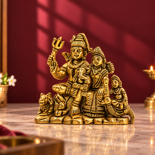Shiv Parivar Idol with Ganesha, Kartikeya & Nandi | Antique Brass Finish