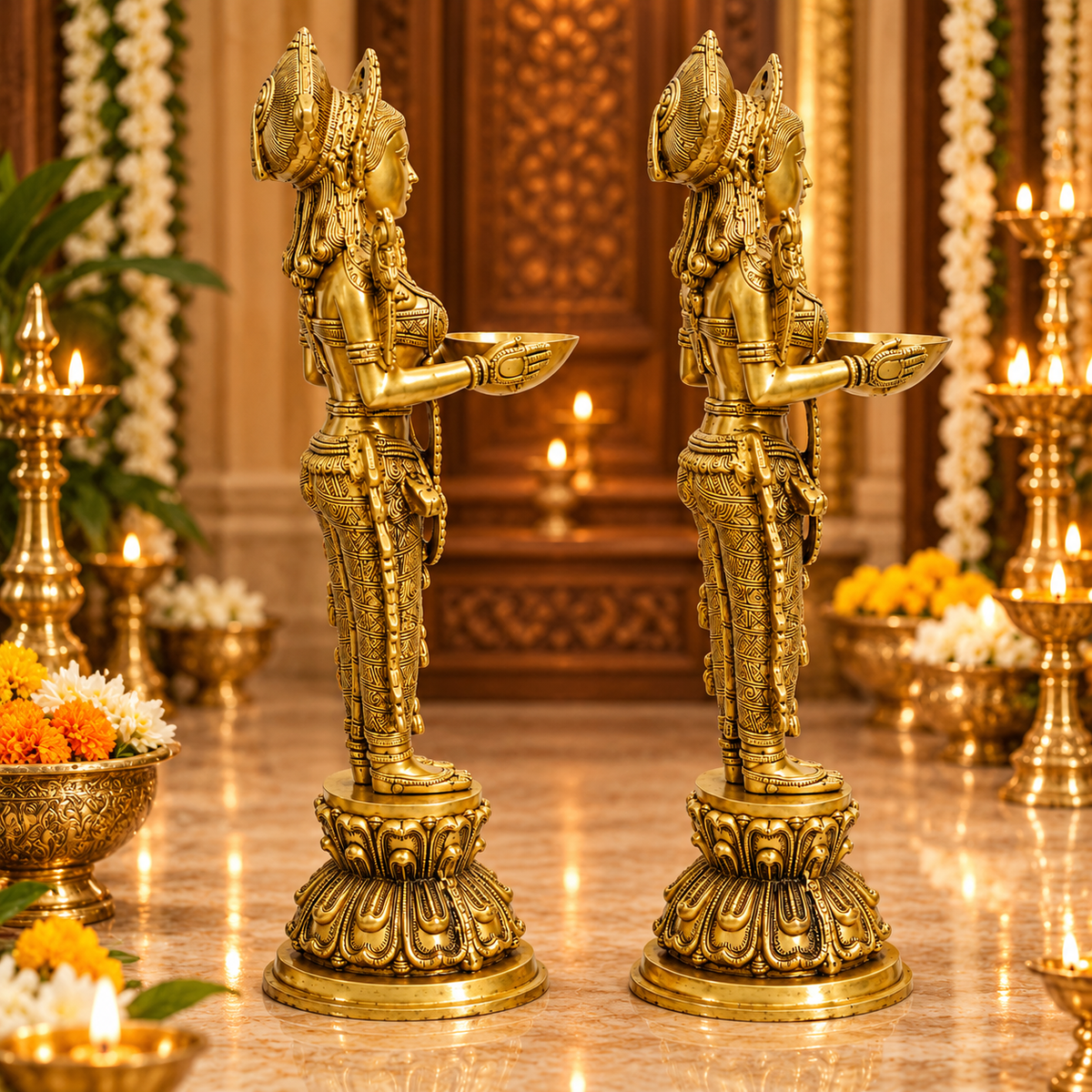 Deepa Lakshmi Standing Diya Holder Idol Set of 2 | Antique Golden Brass Finish