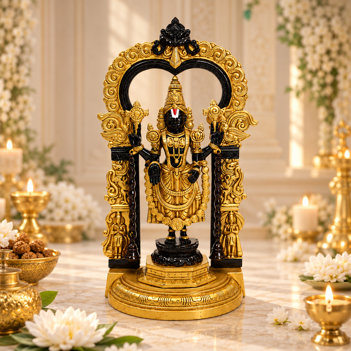Lord Venkateswara Balaji Standing Idol with Temple Arch | Black & Antique Golden Brass Finish