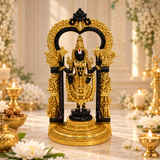 Lord Venkateswara Balaji Standing Idol with Temple Arch | Black & Antique Golden Brass Finish