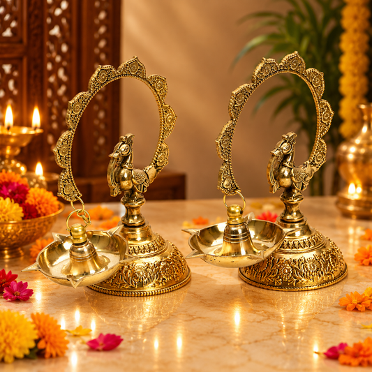 Peacock Hanging Diya Stand Set of 2 | Antique Golden Brass Finish