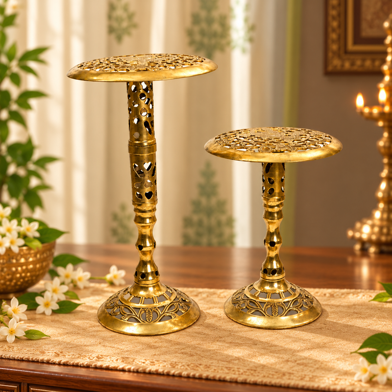Decorative Brass Pedestal Stand Set of 2 | Antique Golden Finish
