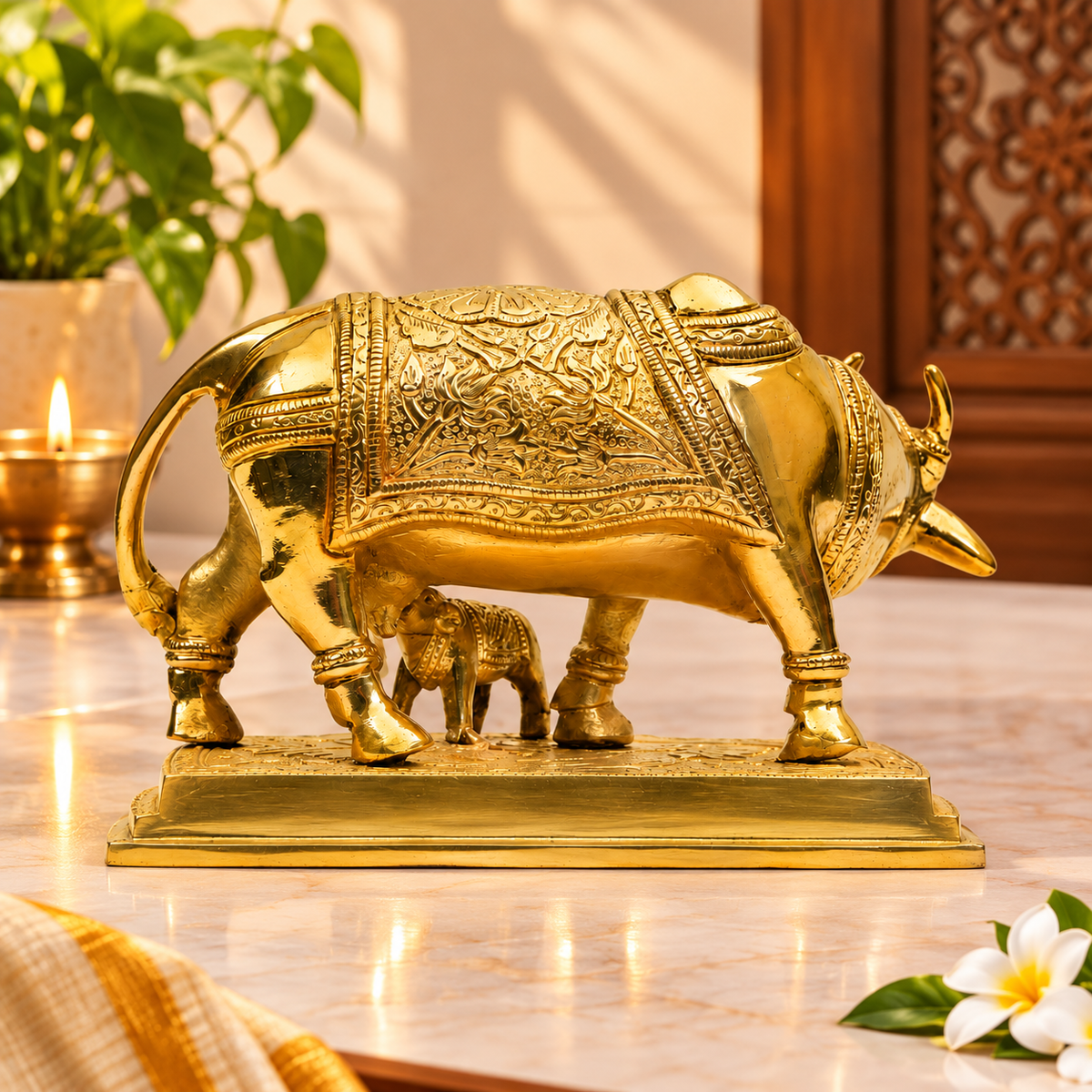 Ornate Gau Mata with Calf Idol | Polished Golden Brass Finish