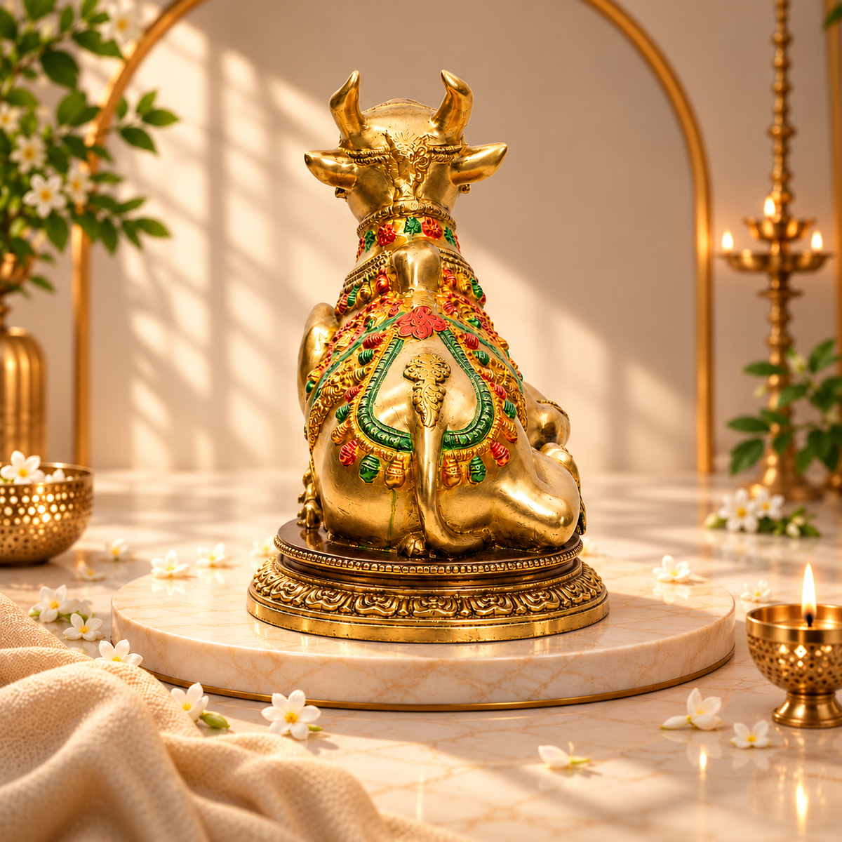 Decorative Nandi Bull Idol | Golden Brass Finish with Multicolour Detailing