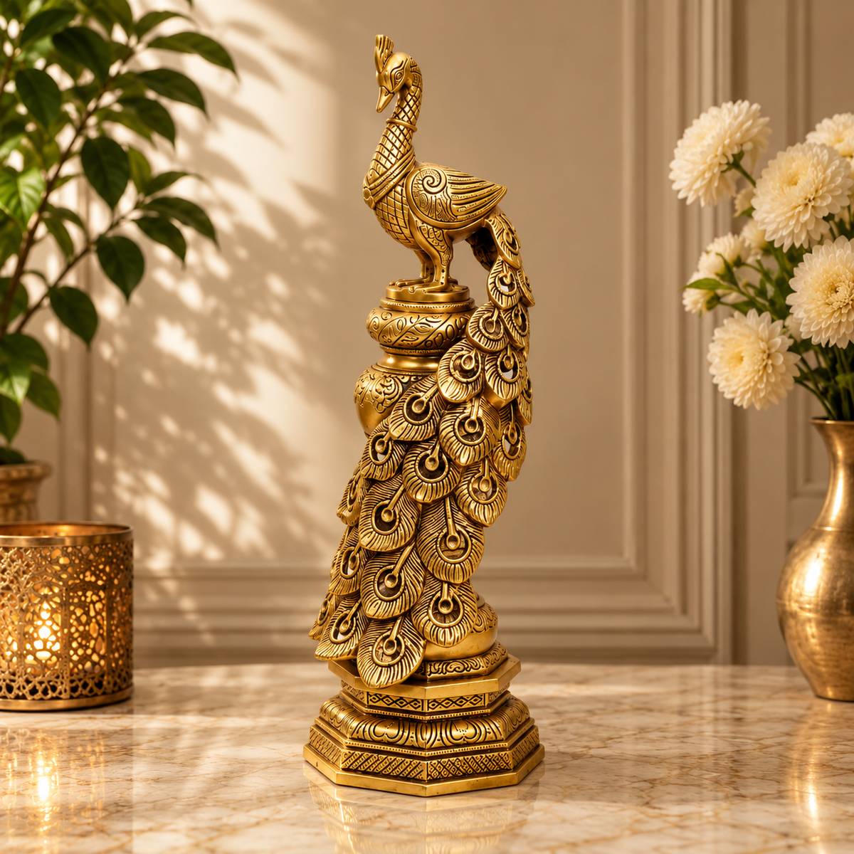 Decorative Peacock Figurine with Ornate Feather Design | Antique Golden Brass Finish
