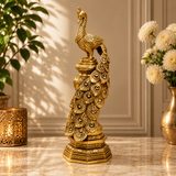 Decorative Peacock Figurine with Ornate Feather Design | Antique Golden Brass Finish