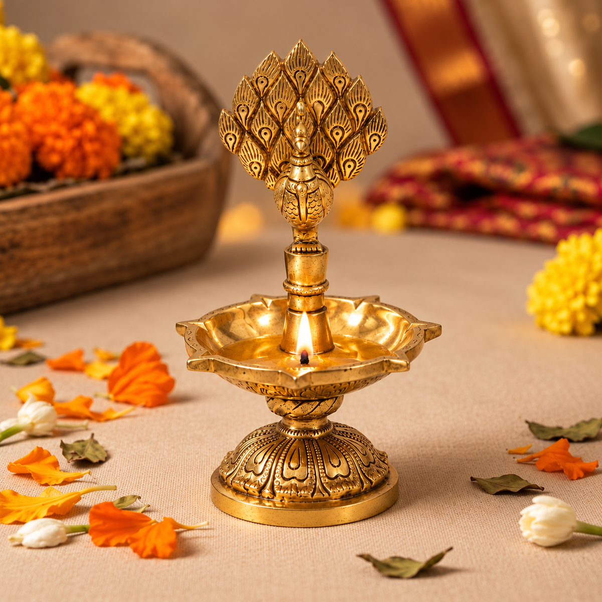 Peacock Decorative Diya Stand | Antique Golden Brass Finish