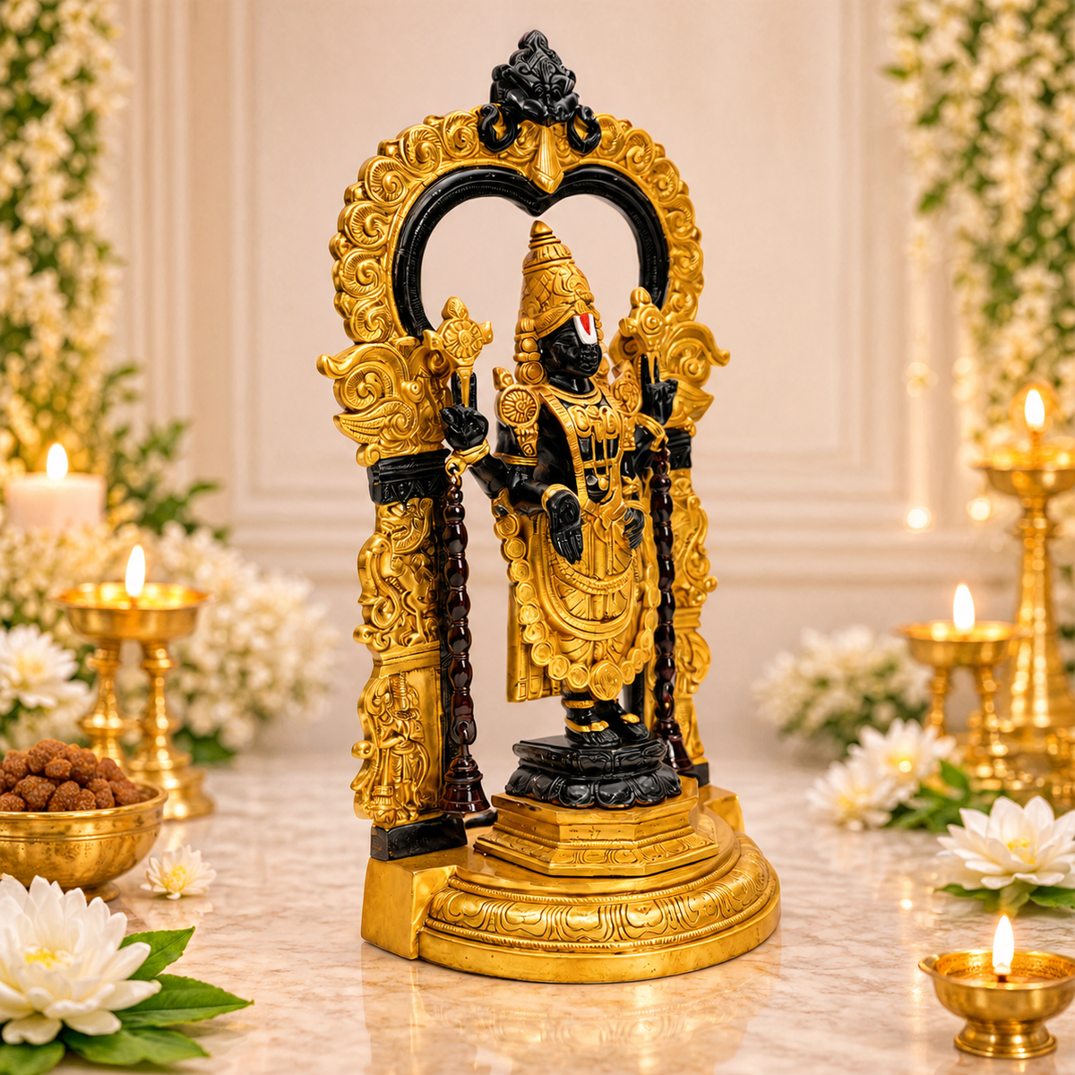 Lord Venkateswara Balaji Standing Idol with Temple Arch | Black & Antique Golden Brass Finish