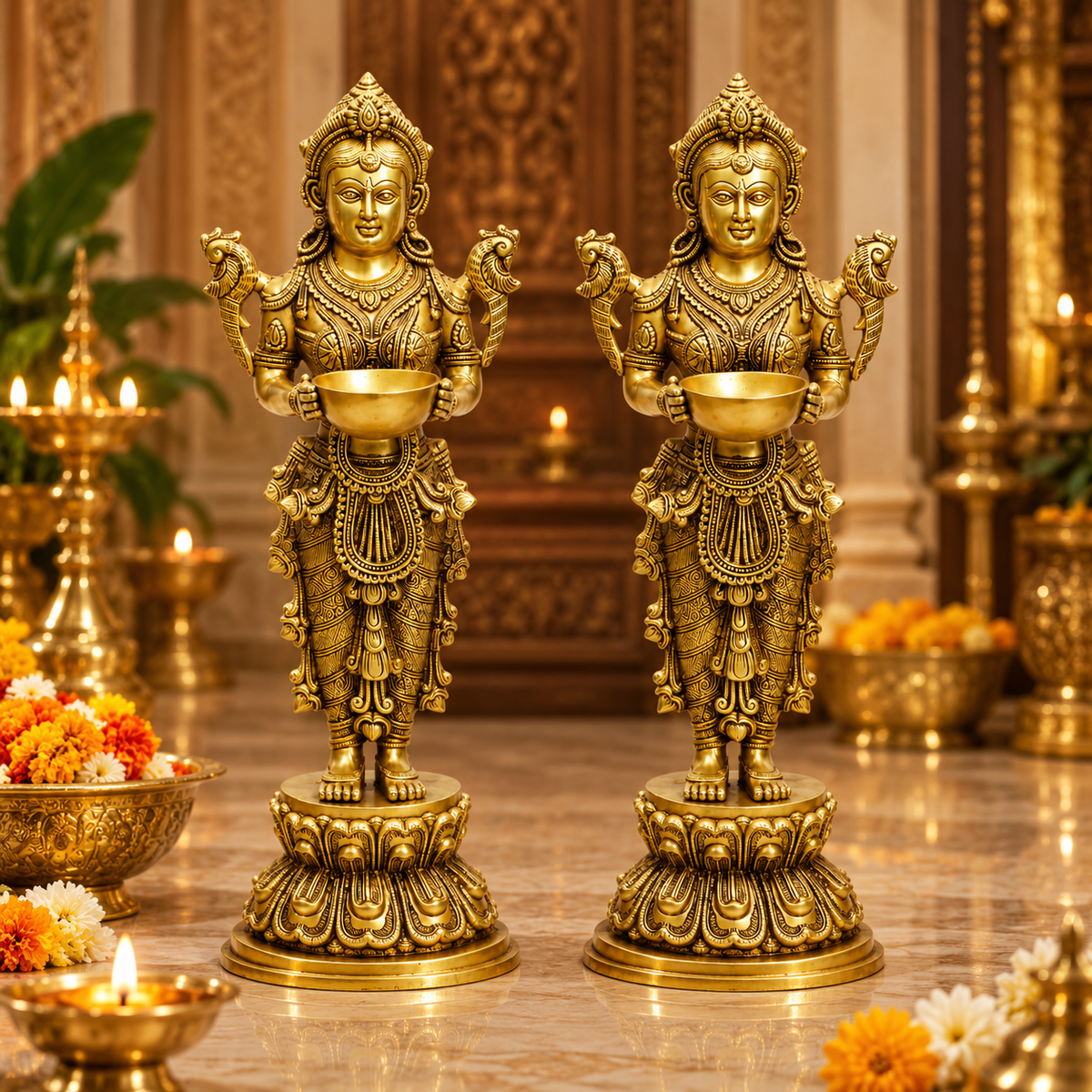 Deepa Lakshmi Standing Diya Holder Idol Set of 2 | Antique Golden Brass Finish