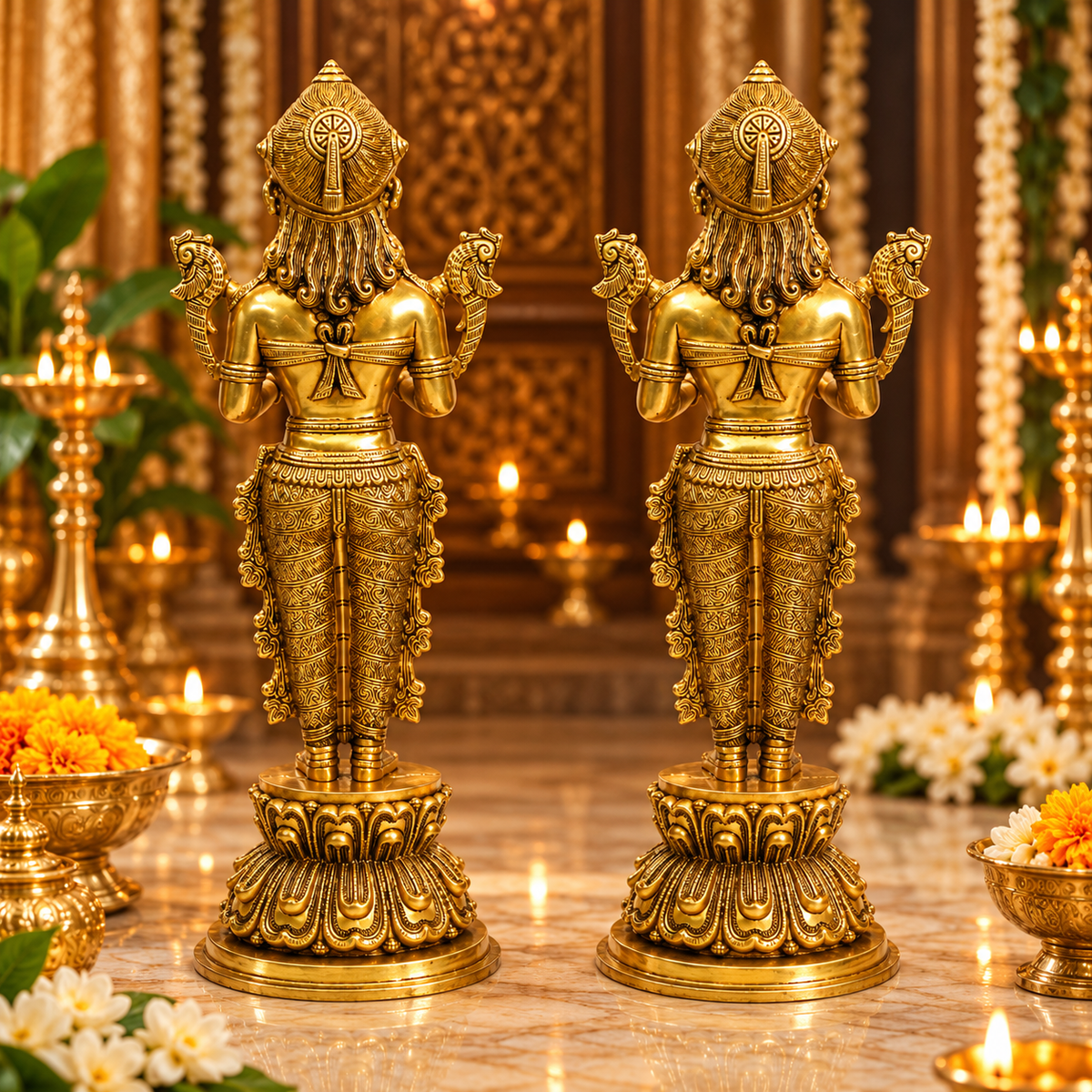 Deepa Lakshmi Standing Diya Holder Idol Set of 2 | Antique Golden Brass Finish